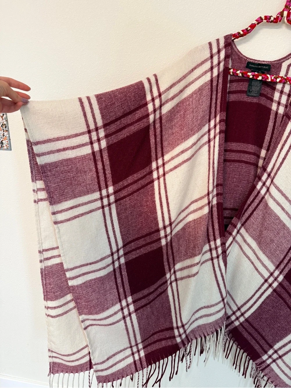 Banana Republic Cashmere Wrap Mariana Plaid Fringe Poncho Blanket Cape Wool OS